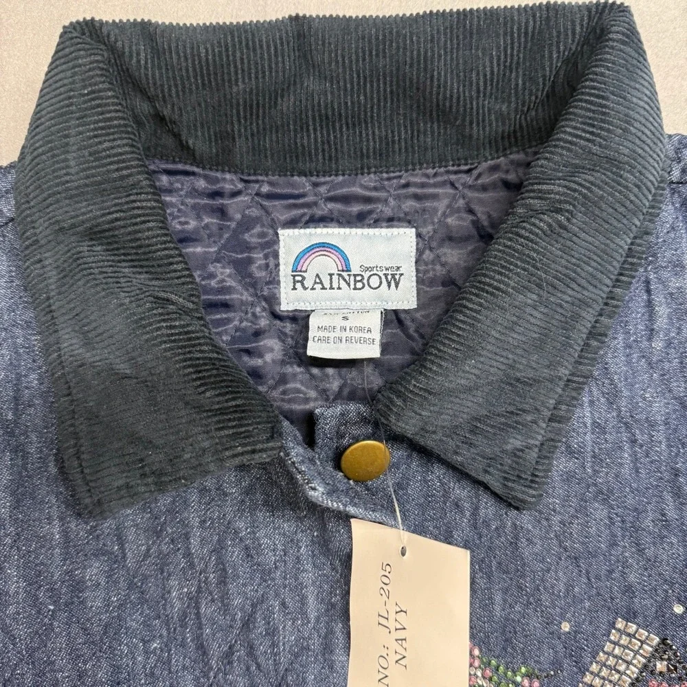 Rainbow Quilted‎ Denim Jacket Rhinestone Cat Snap Front Corduroy Collar Women